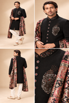 Regal Black Achkan with Printed Shawl