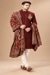 Regal Maroon Embroidered Achkan with Heritage Shawl