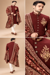 Regal Maroon Embroidered Achkan with Heritage Shawl