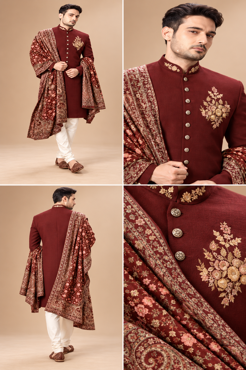 Regal Maroon Embroidered Achkan with Heritage Shawl