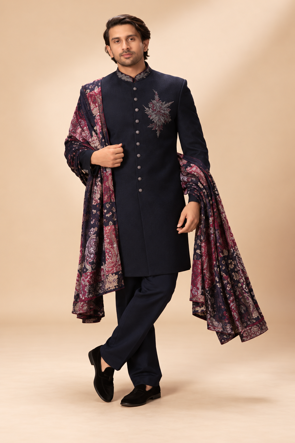 Royal Navy Blue Embroidered Achkan with Paisley Shawl