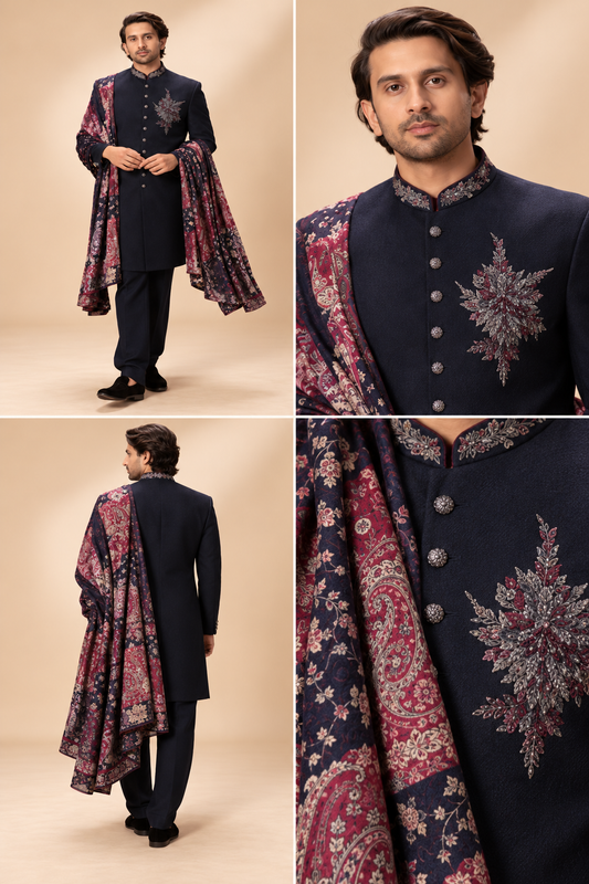 Royal Navy Blue Embroidered Achkan with Paisley Shawl