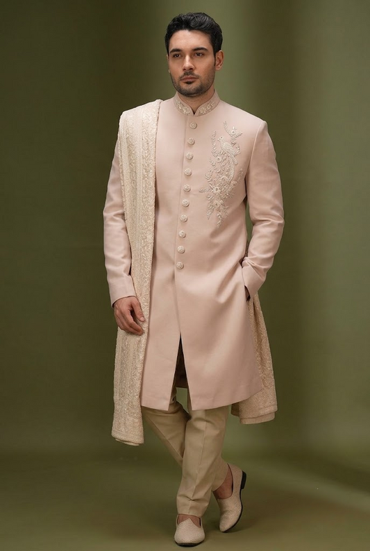Blush Pink Embroidered Sherwani with Stole