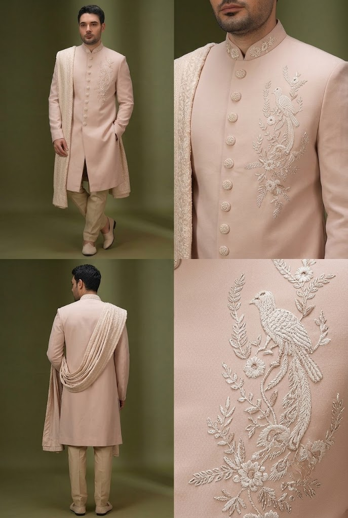Blush Pink Embroidered Sherwani with Stole
