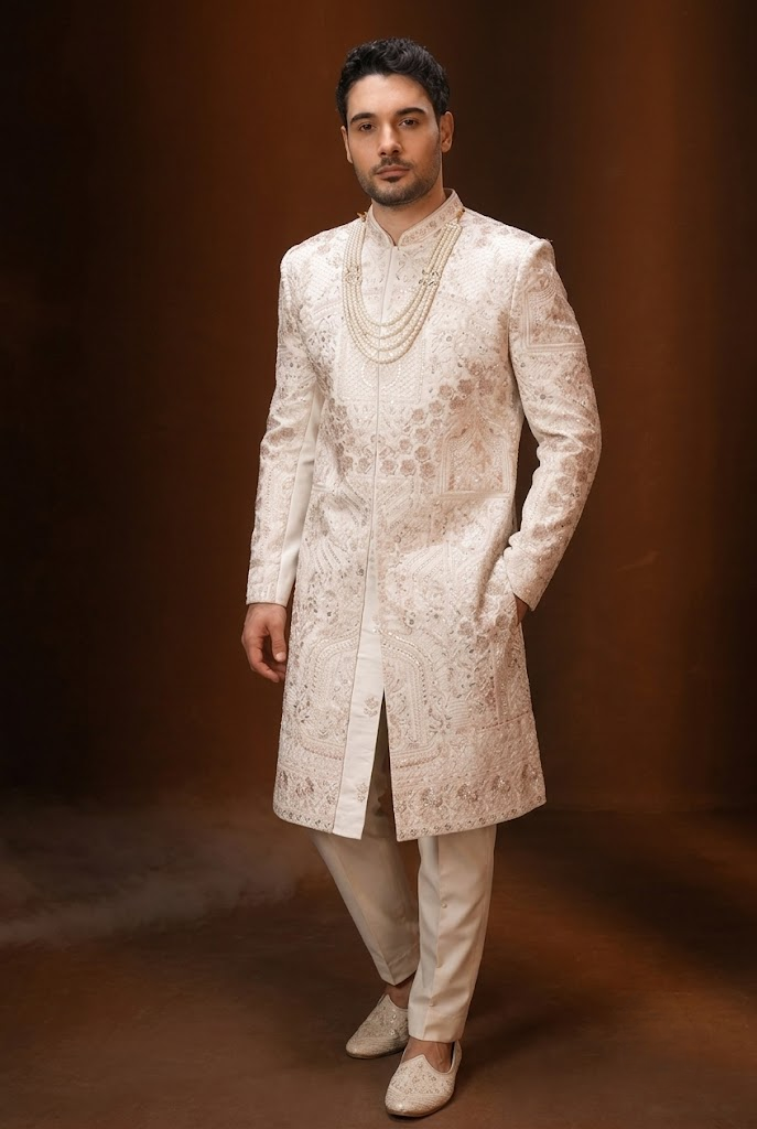 Ivory Pearl Embroidered Groom Sherwani