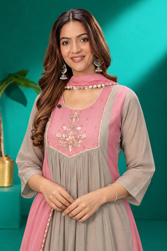 Taupe & Blush Pink Embroidered Kurta Set
