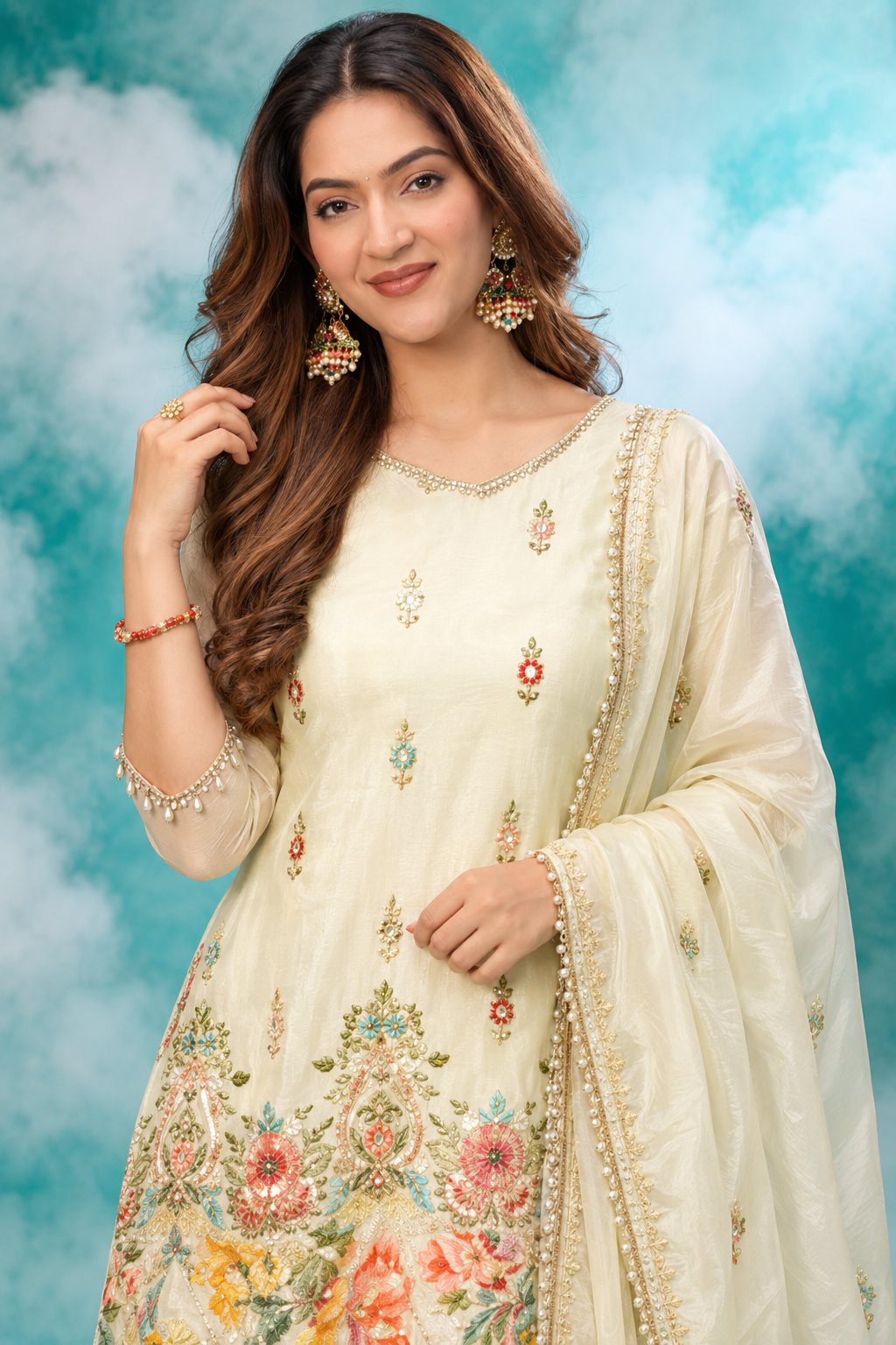 Ivory Bloom Embroidered Dupatta Set