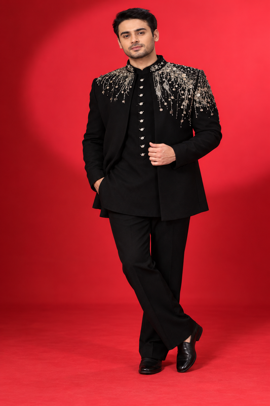 Black Embellished Designer Indo-Western Sherwani Set