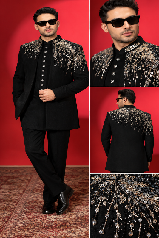 Black Embellished Designer Indo-Western Sherwani Set