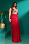 Ruby Red Saree with Silver Floral Embellishments