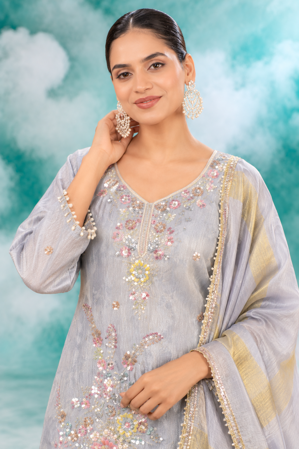 Silver Mist Embroidered Dupatta Set
