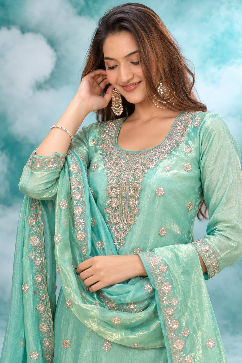 Mint Aqua Embroidered Dupatta Set
