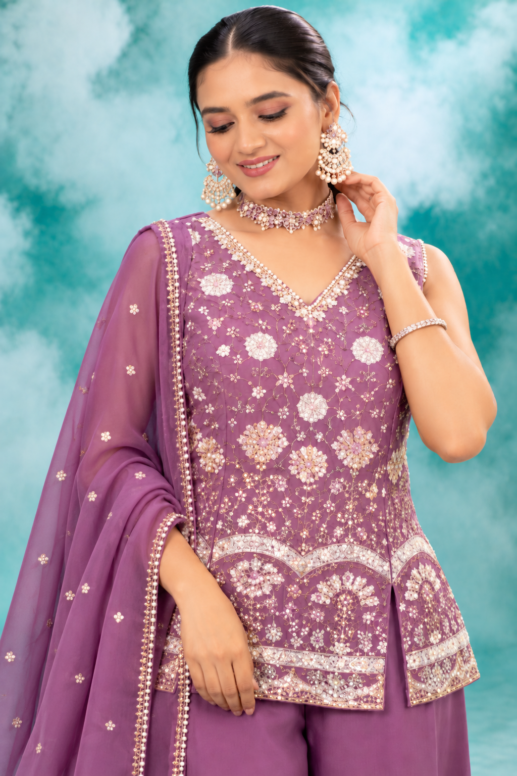 Lavender Embroidered Peplum Sharara Set