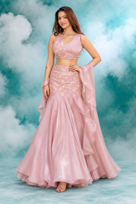 Blush Pink Sequin Mermaid Lehenga Set