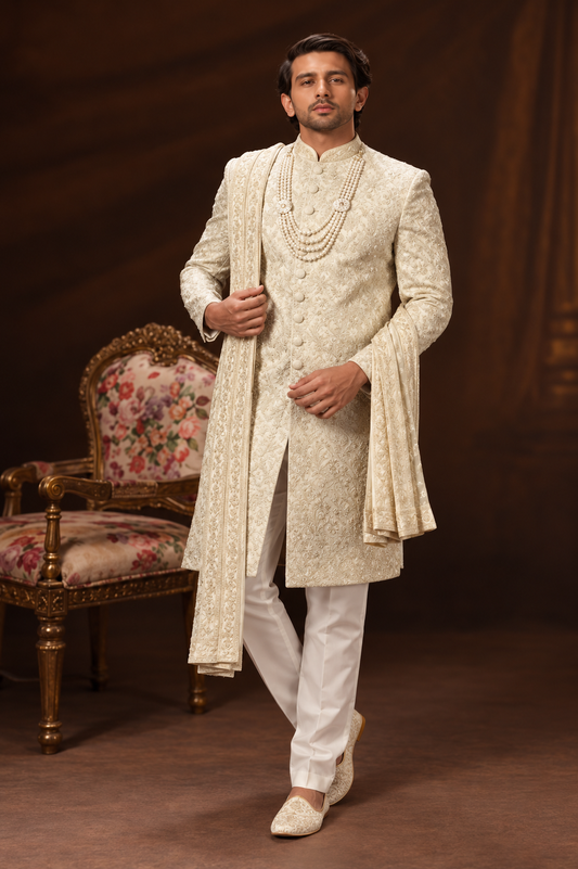 Royal Ivory Floral Embroidered Wedding Sherwani