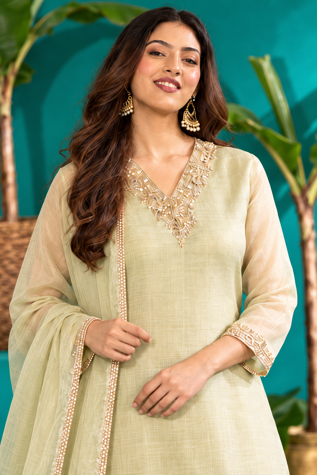 Pastel Green Embroidered Dupatta Set