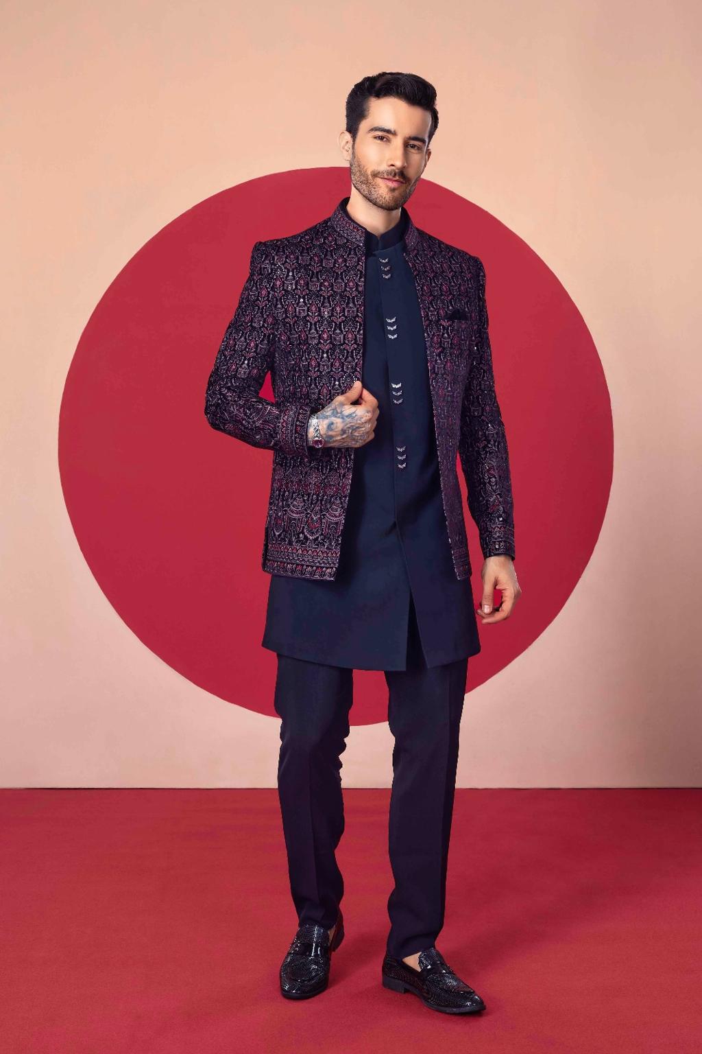 Designer Navy Blue Embroidered Jacket – Royal Indo