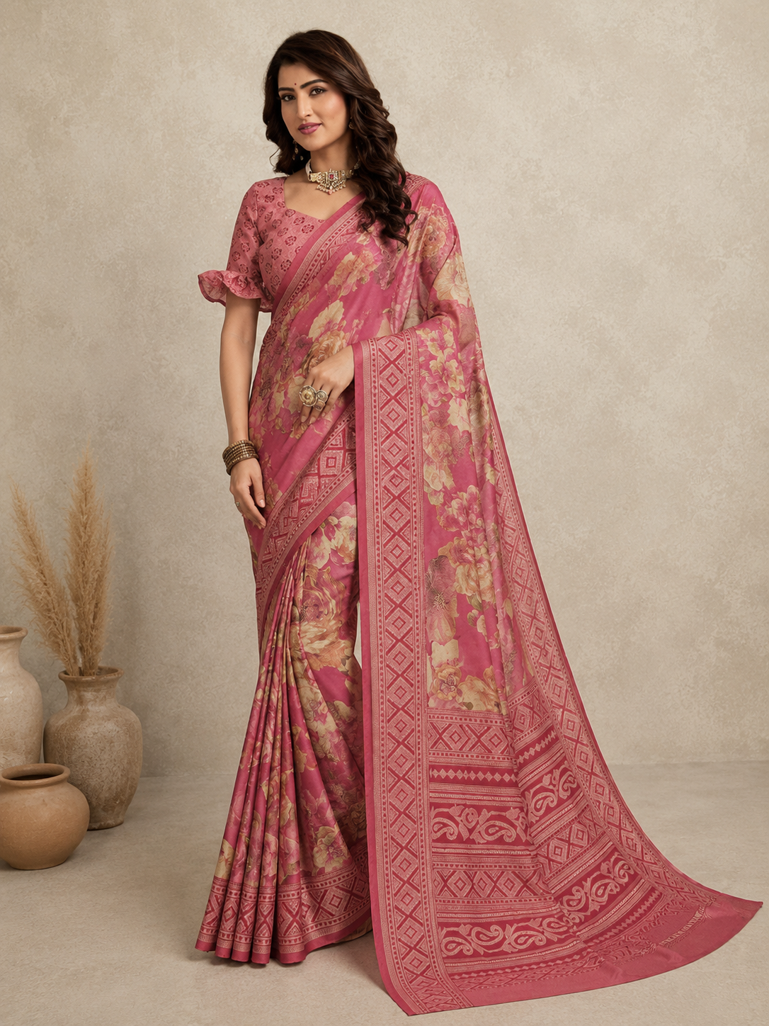 Women's  Floral Printed Saree with Designer Border