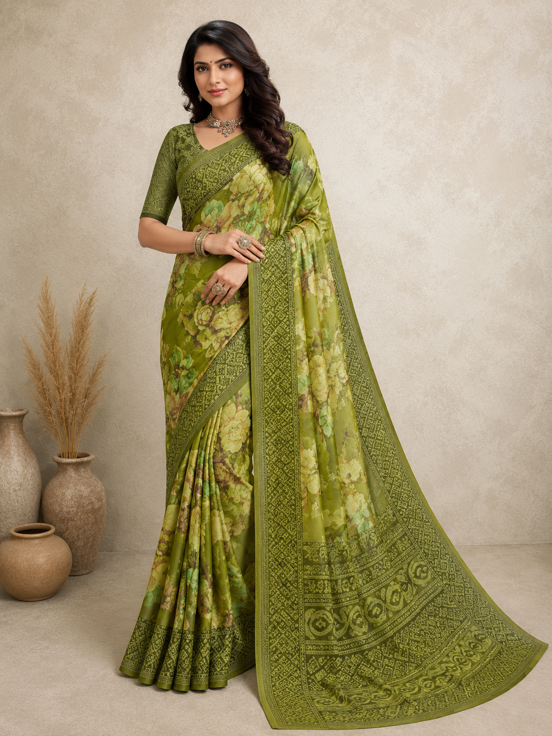 Women's  Floral Printed Saree with Designer Border