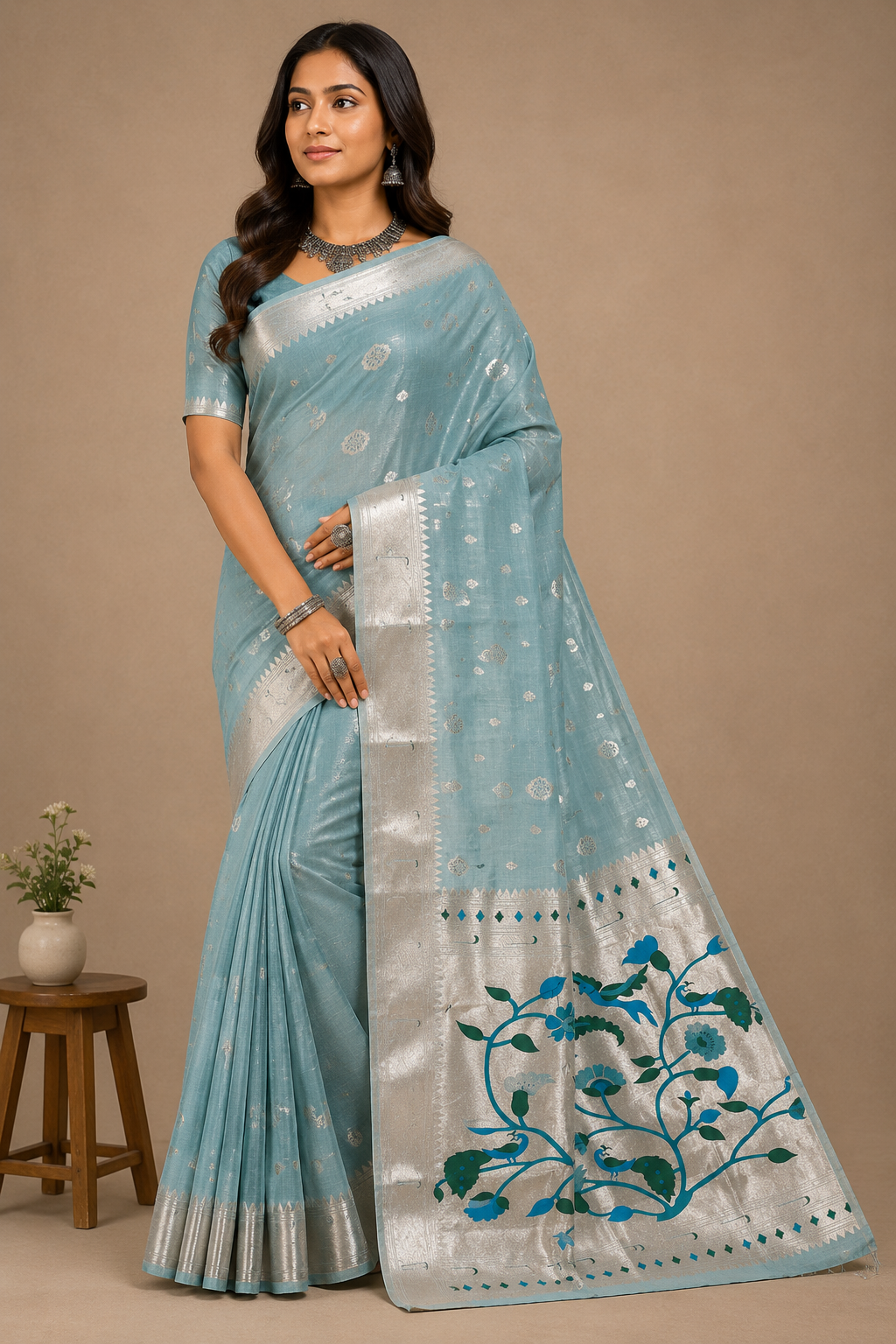 Women Dusty Rose Silver Zari Floral Designer Saree