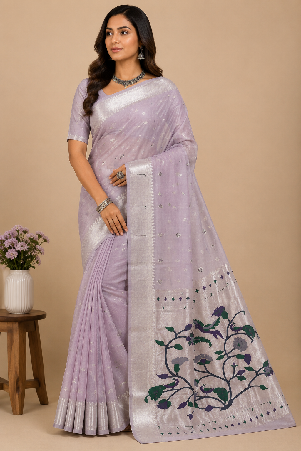 Women Dusty Rose Silver Zari Floral Designer Saree
