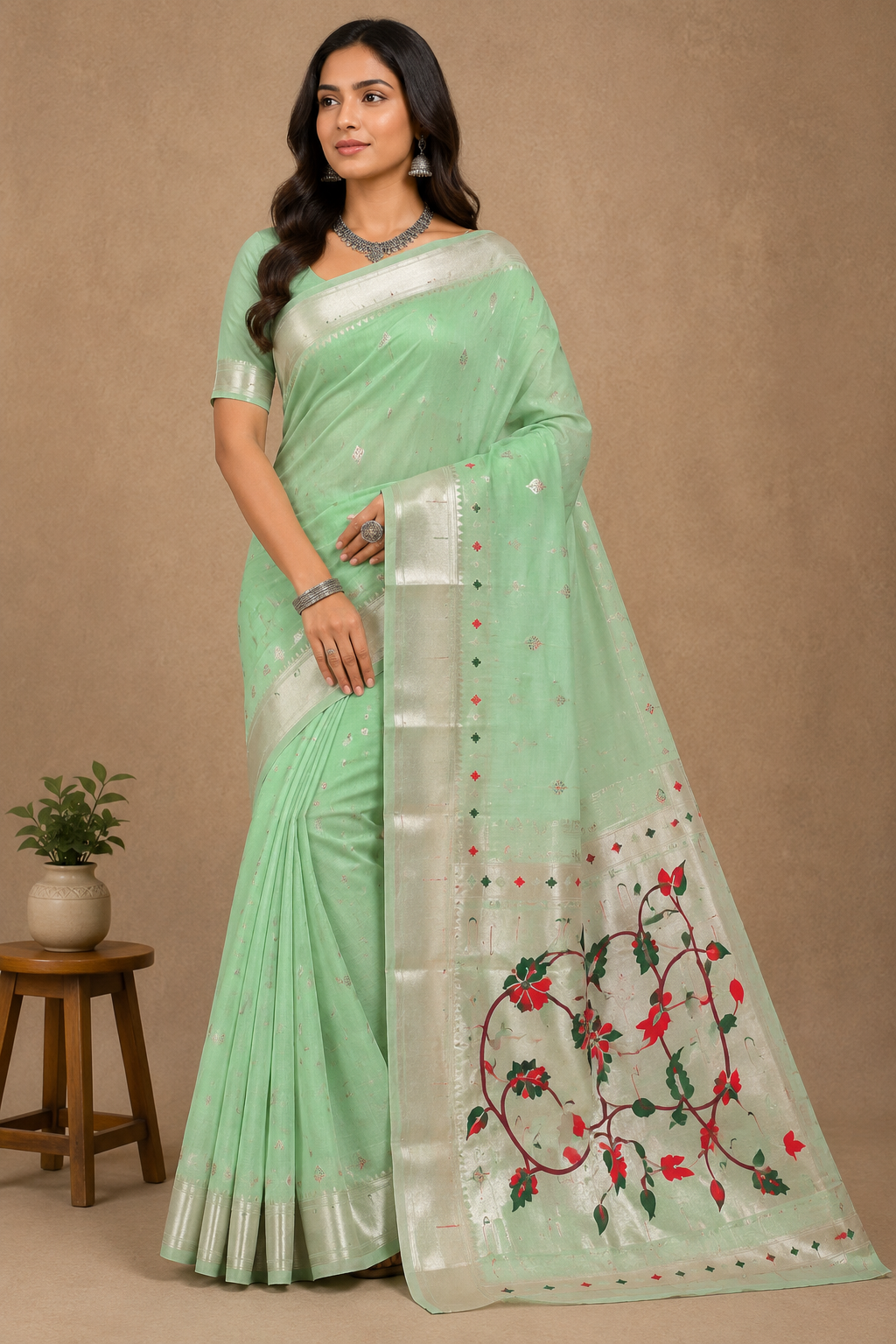 Women Dusty Rose Silver Zari Floral Designer Saree