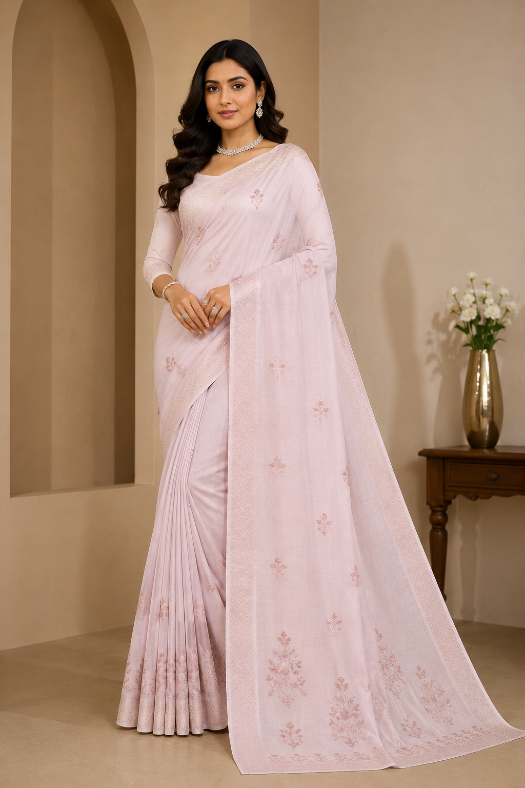 Women Mint Green Embroidered Linen Saree