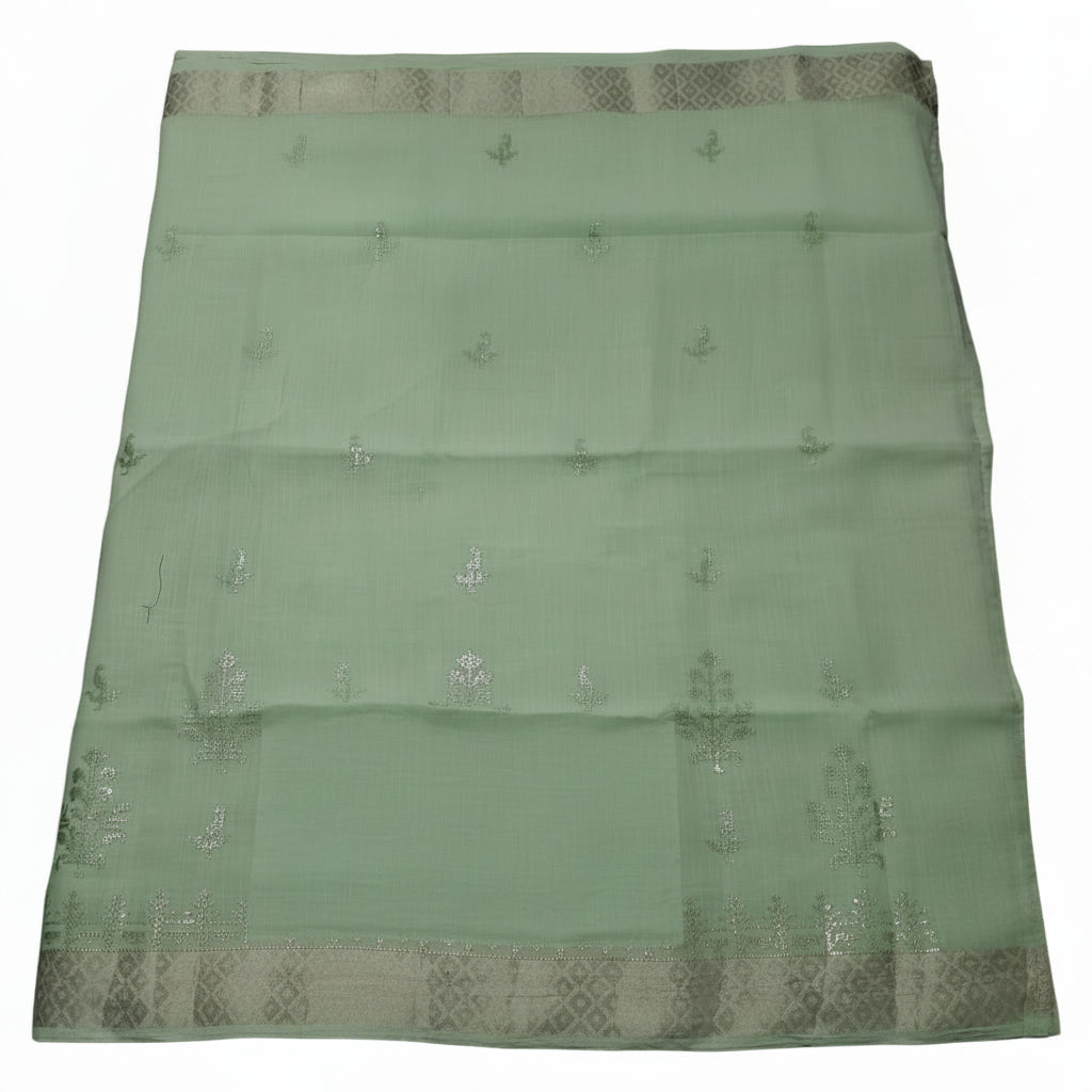Women Mint Green Embroidered Linen Saree
