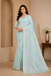 Women Mint Green Embroidered Linen Saree