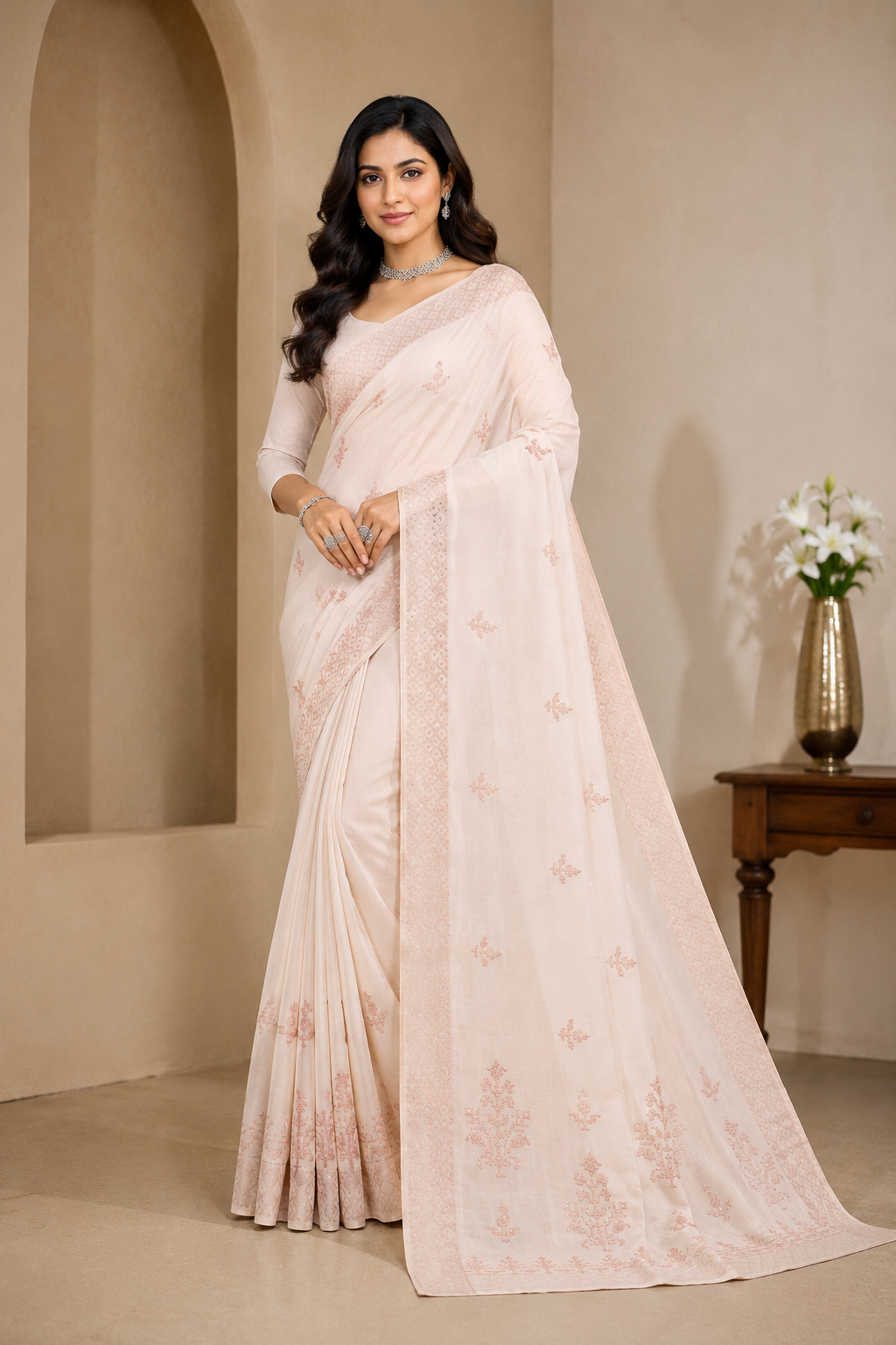 Women Mint Green Embroidered Linen Saree