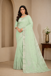 Women Mint Green Embroidered Linen Saree