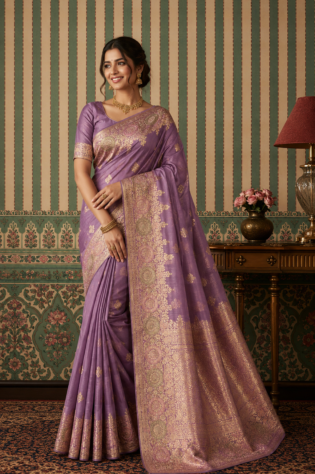Women's Lavender Banarasi Silk Saree with Rich Gold Zari Woven Border