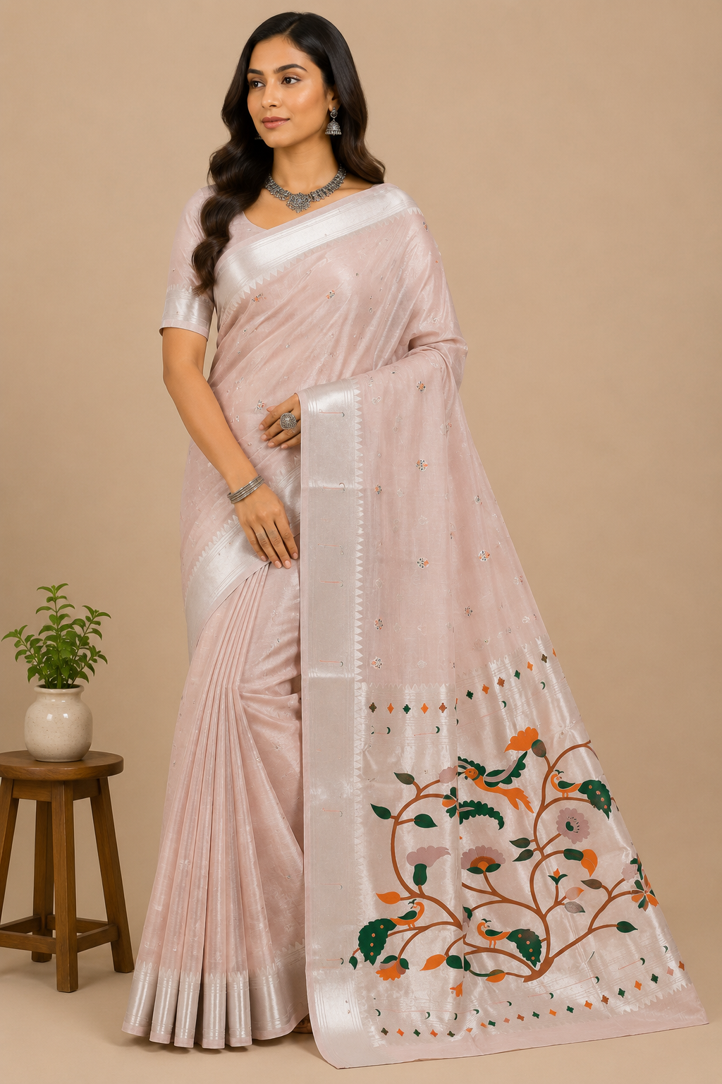 Women Dusty Rose Silver Zari Floral Designer Saree