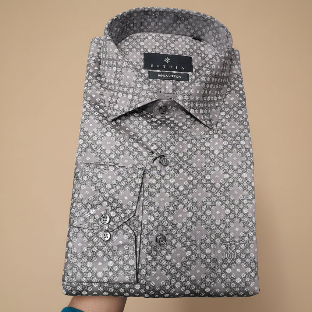 Men Taupe Grey Floral Printed Formal Shirt