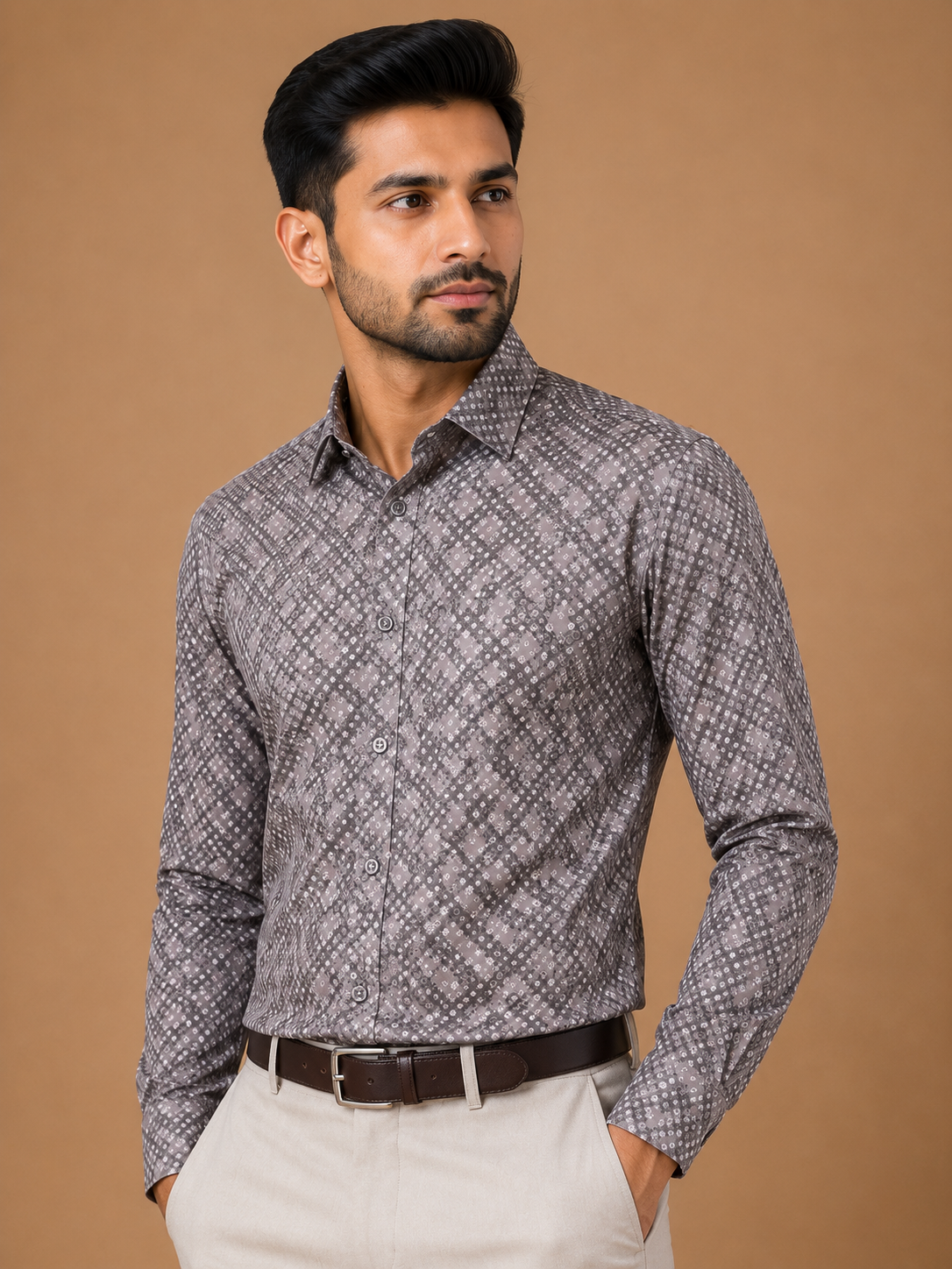 Men Taupe Grey Floral Printed Formal Shirt