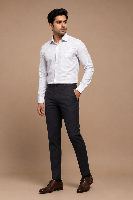Men Light Grey Textured Checked Formal Shirt