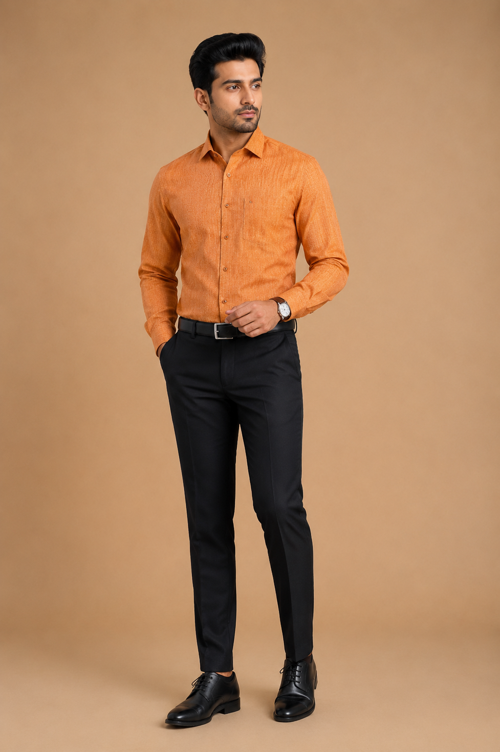 Men Orange Formal Textured Shirt