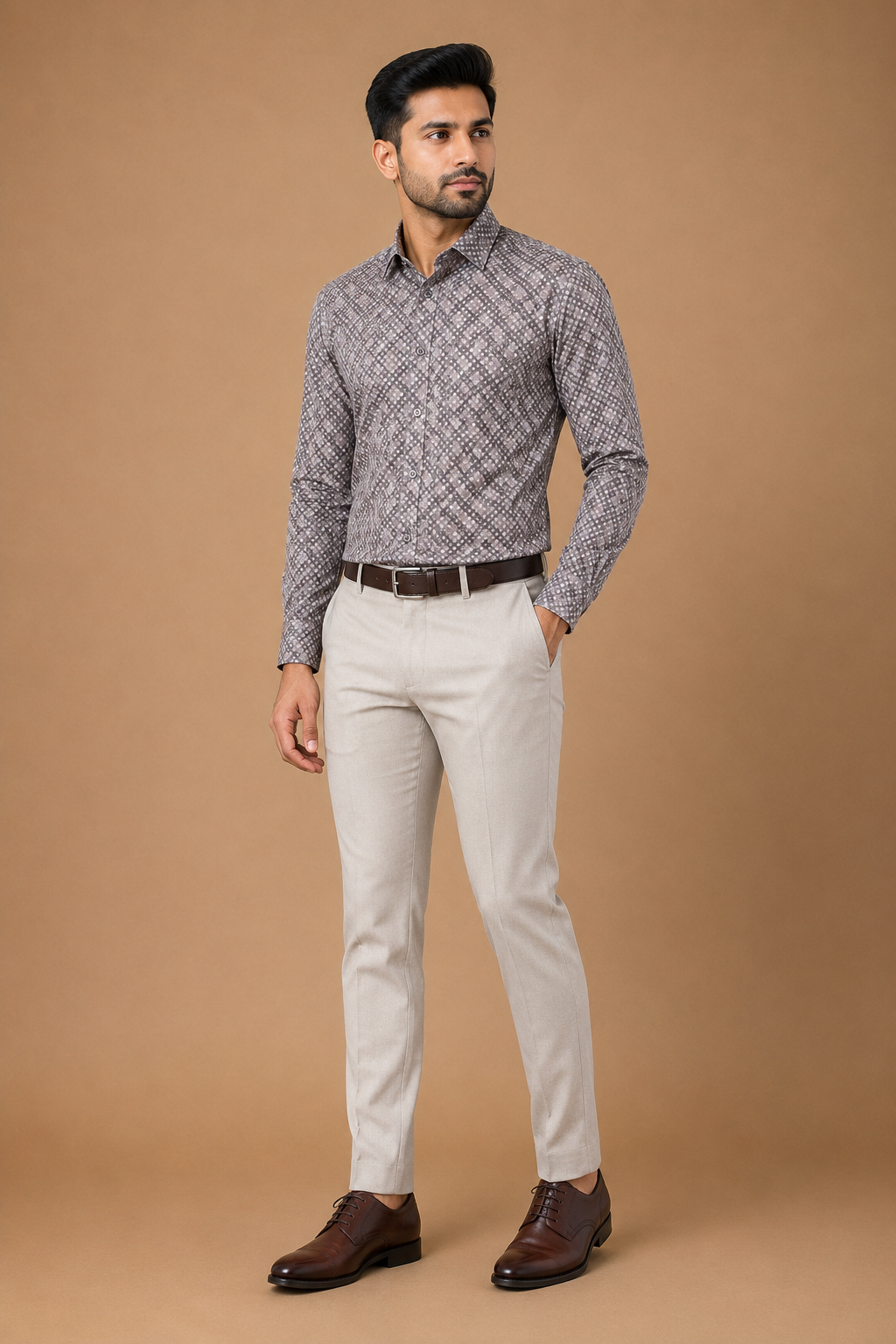 Men Taupe Grey Floral Printed Formal Shirt