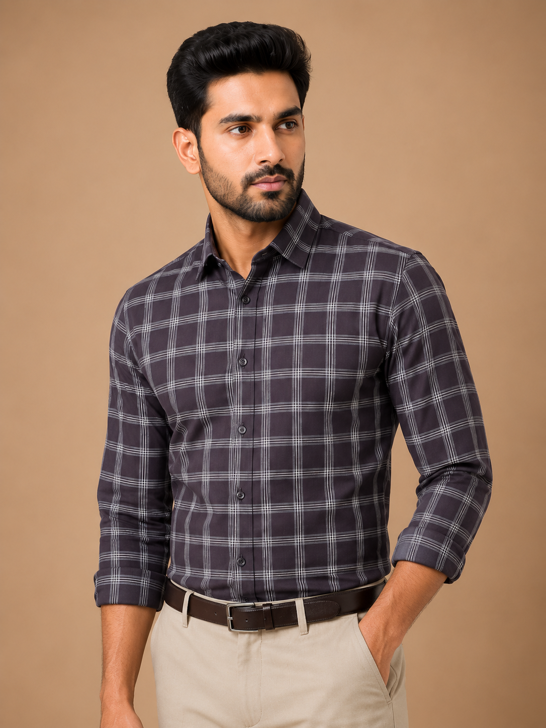Men Charcoal Grey Windowpane Checked Formal Shirt