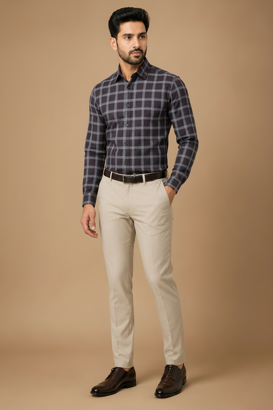 Men Charcoal Grey Windowpane Checked Formal Shirt