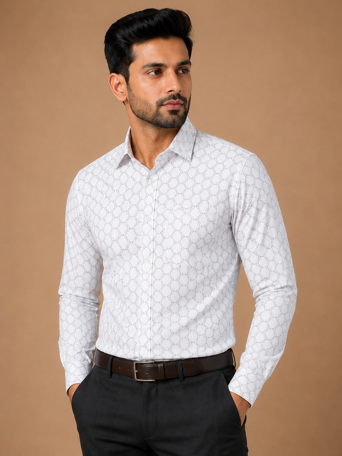 Men White Geometric Printed Formal Shirt
