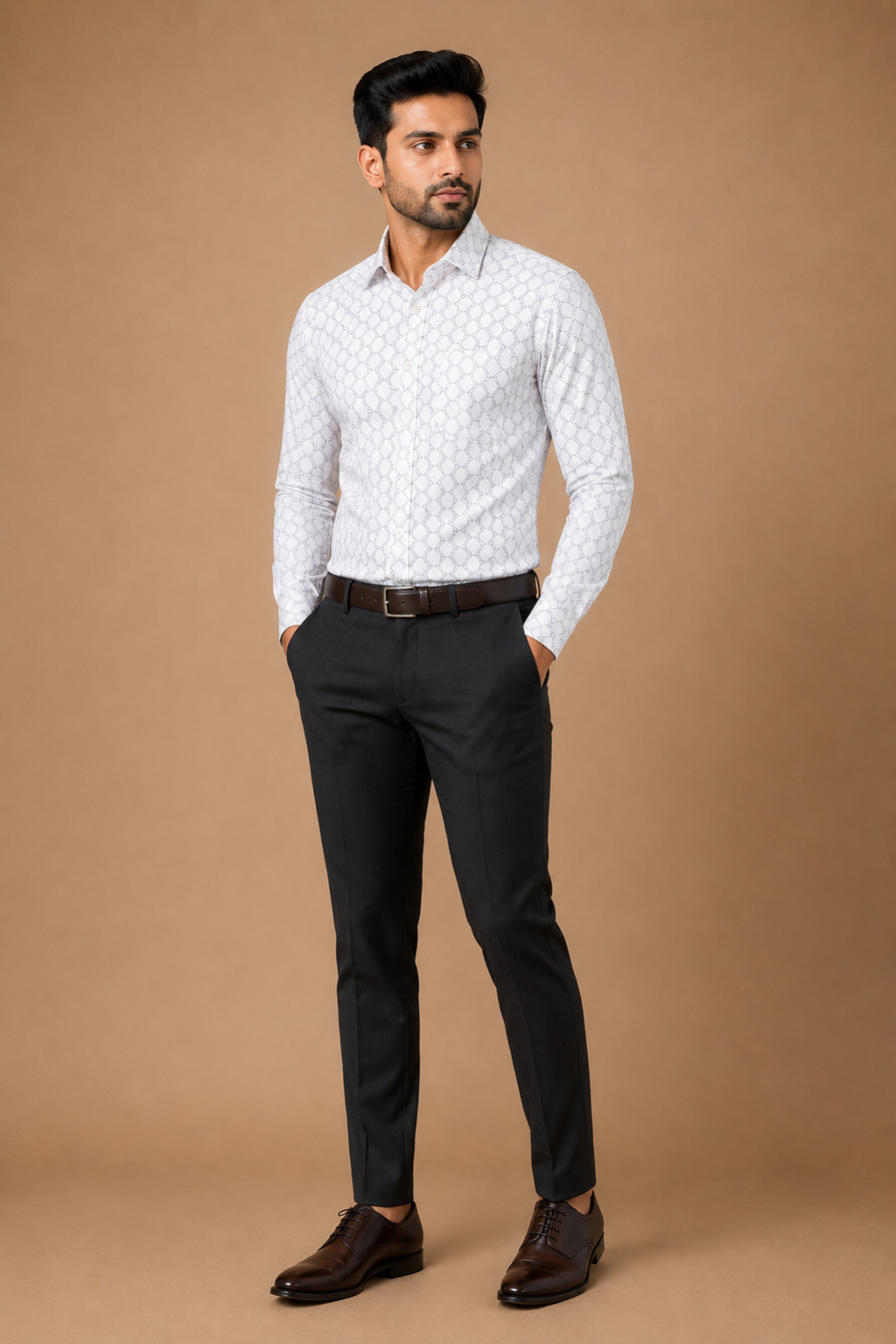 Men White Geometric Printed Formal Shirt