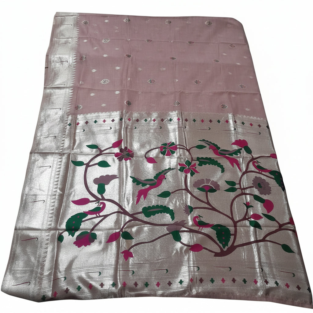Women Dusty Rose Silver Zari Floral Designer Saree