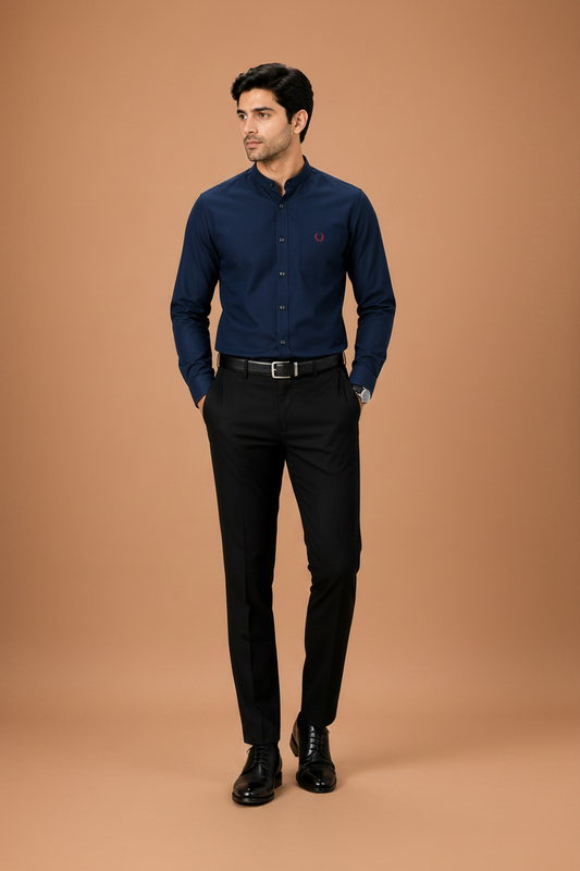 Navy Blue Mandarin Collar Cotton Formal Shirt for Men