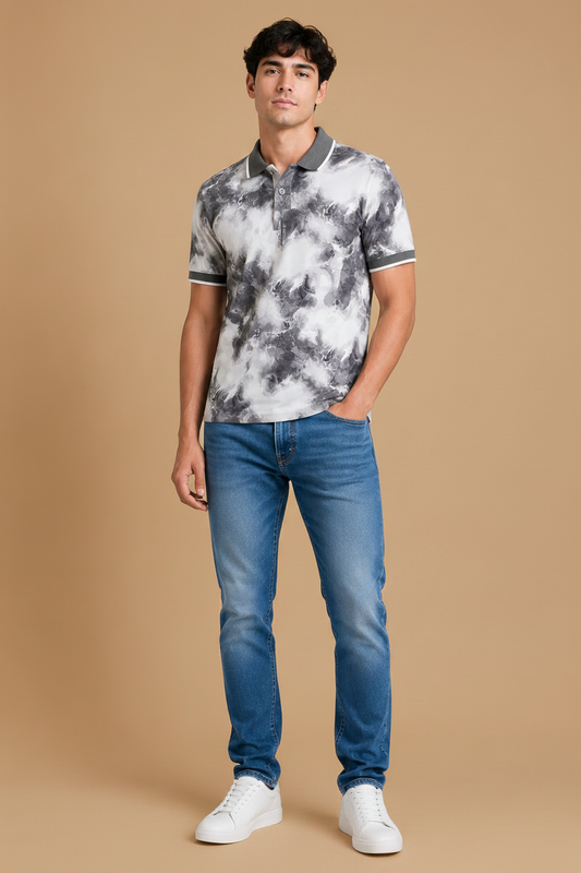 Men's Grey Abstract Print Polo T-Shirt