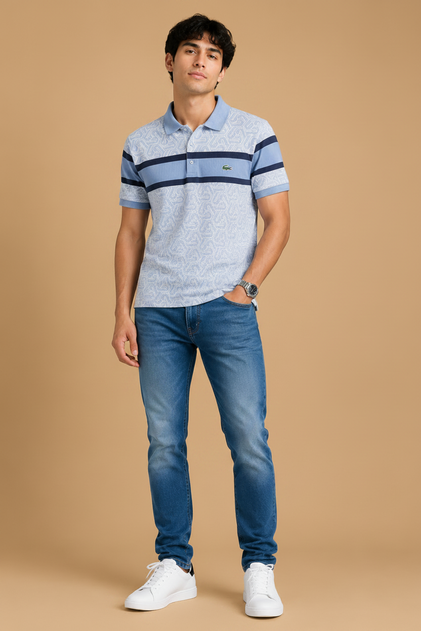 Men's Sky Blue Geometric Printed Polo T-Shirt