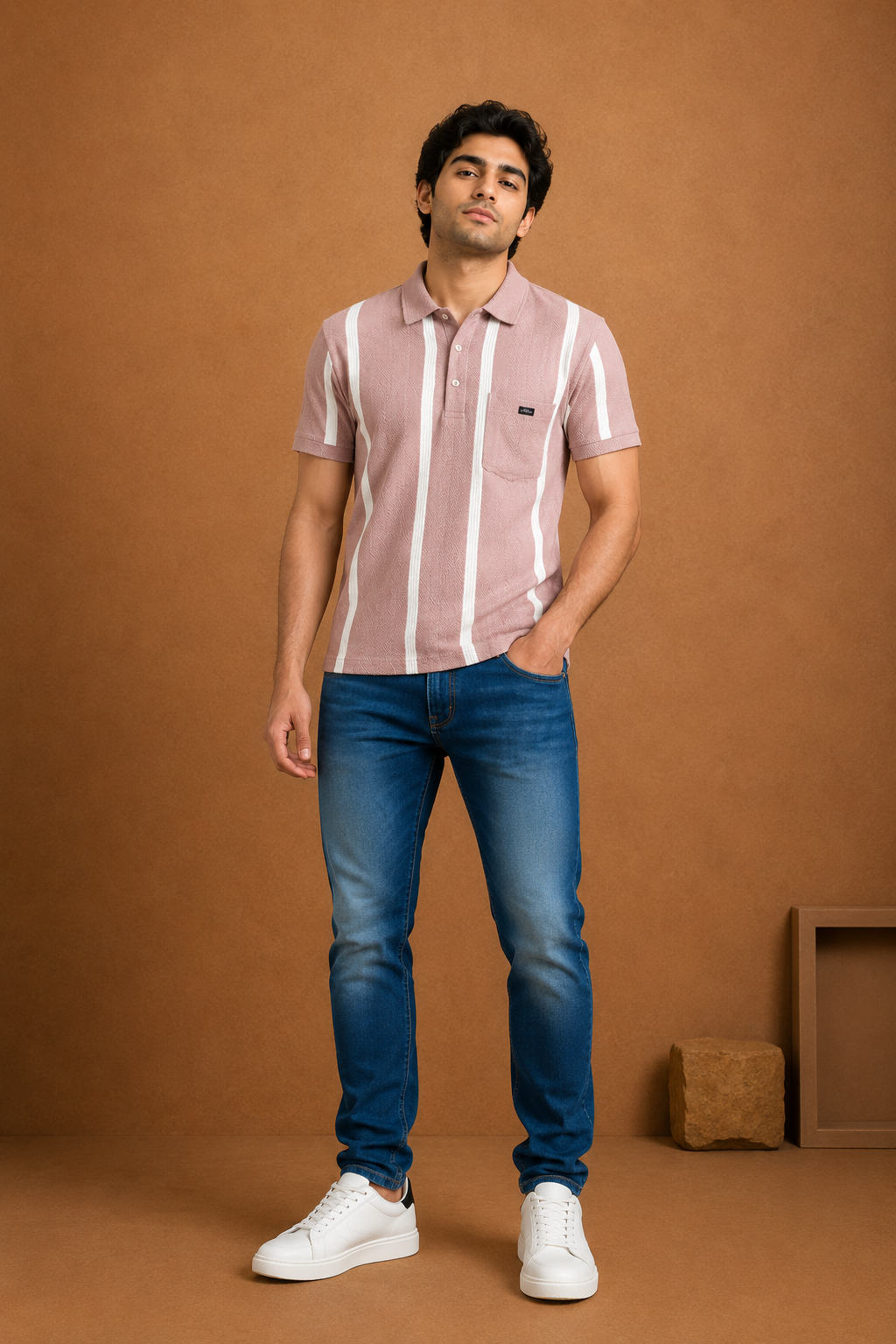 Men's Textured Polo T-Shirt with Vertical Stripe Detail