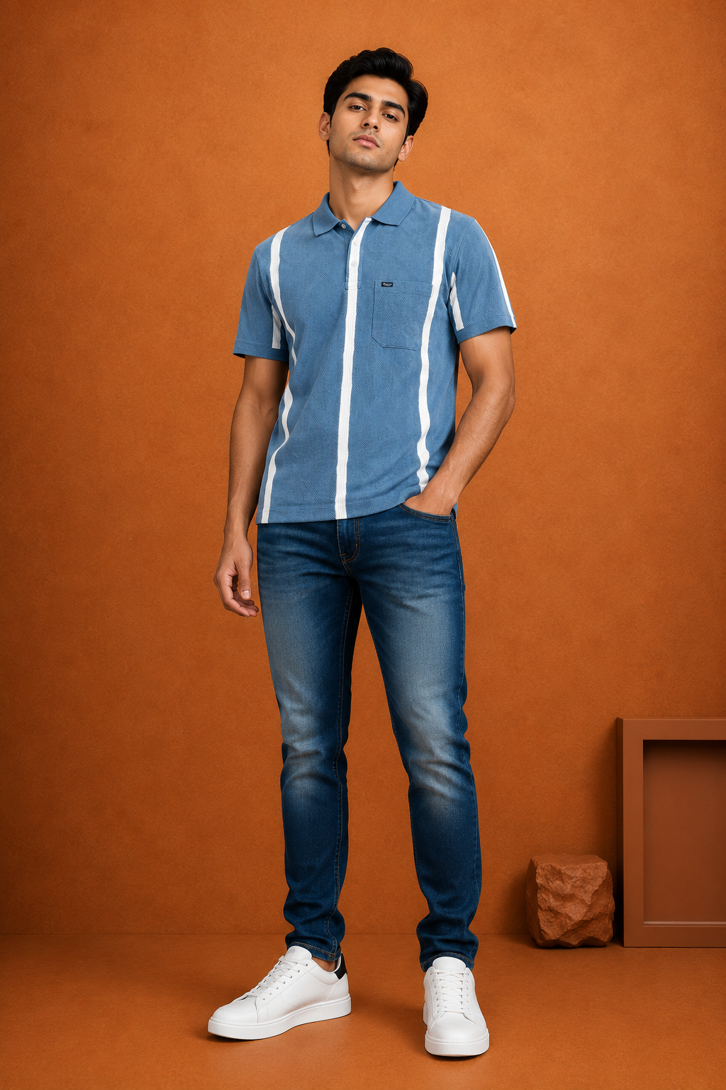 Men's Textured Polo T-Shirt with Vertical Stripe Detail
