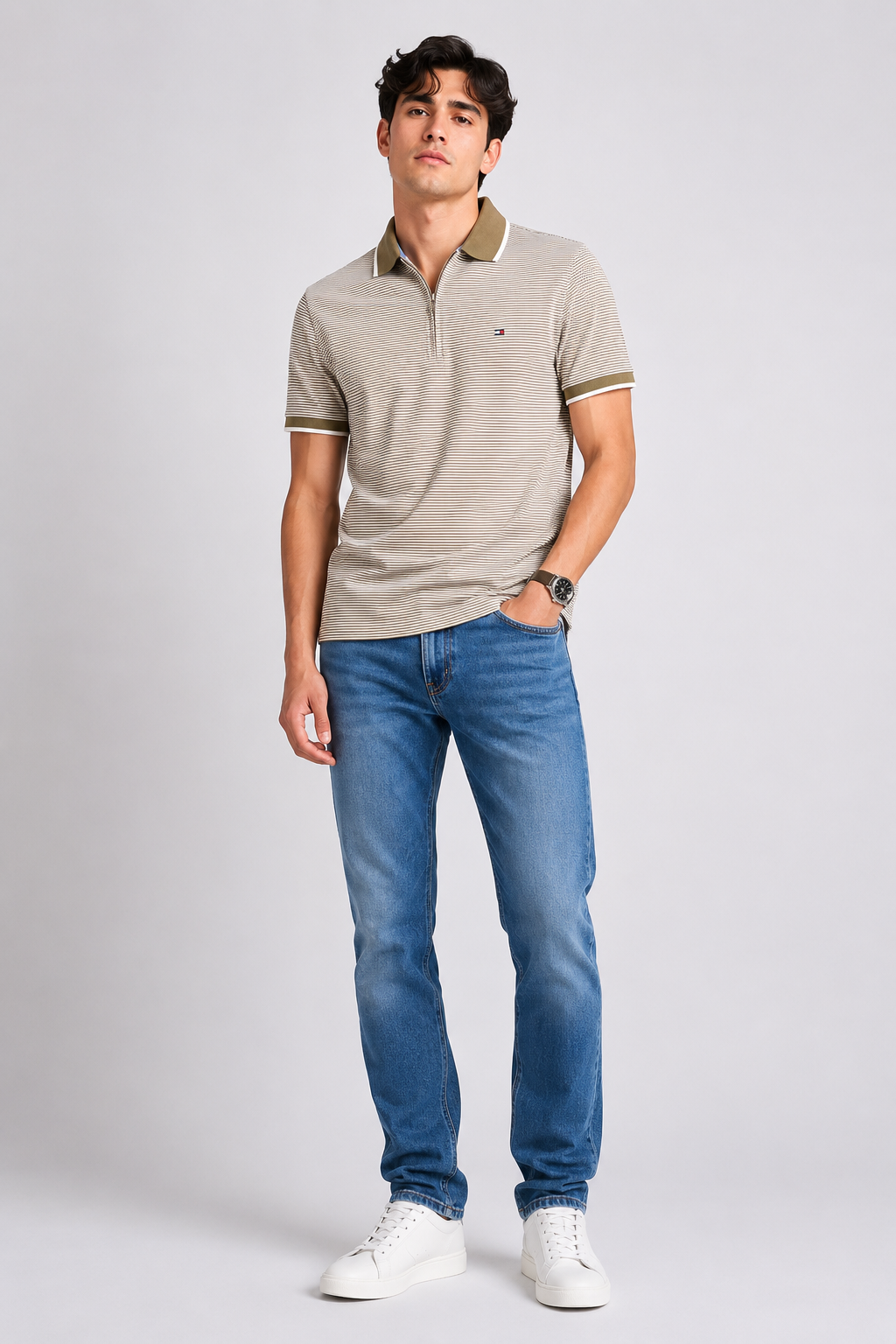 Men's  Striped Polo T-Shirt with Zip Neck