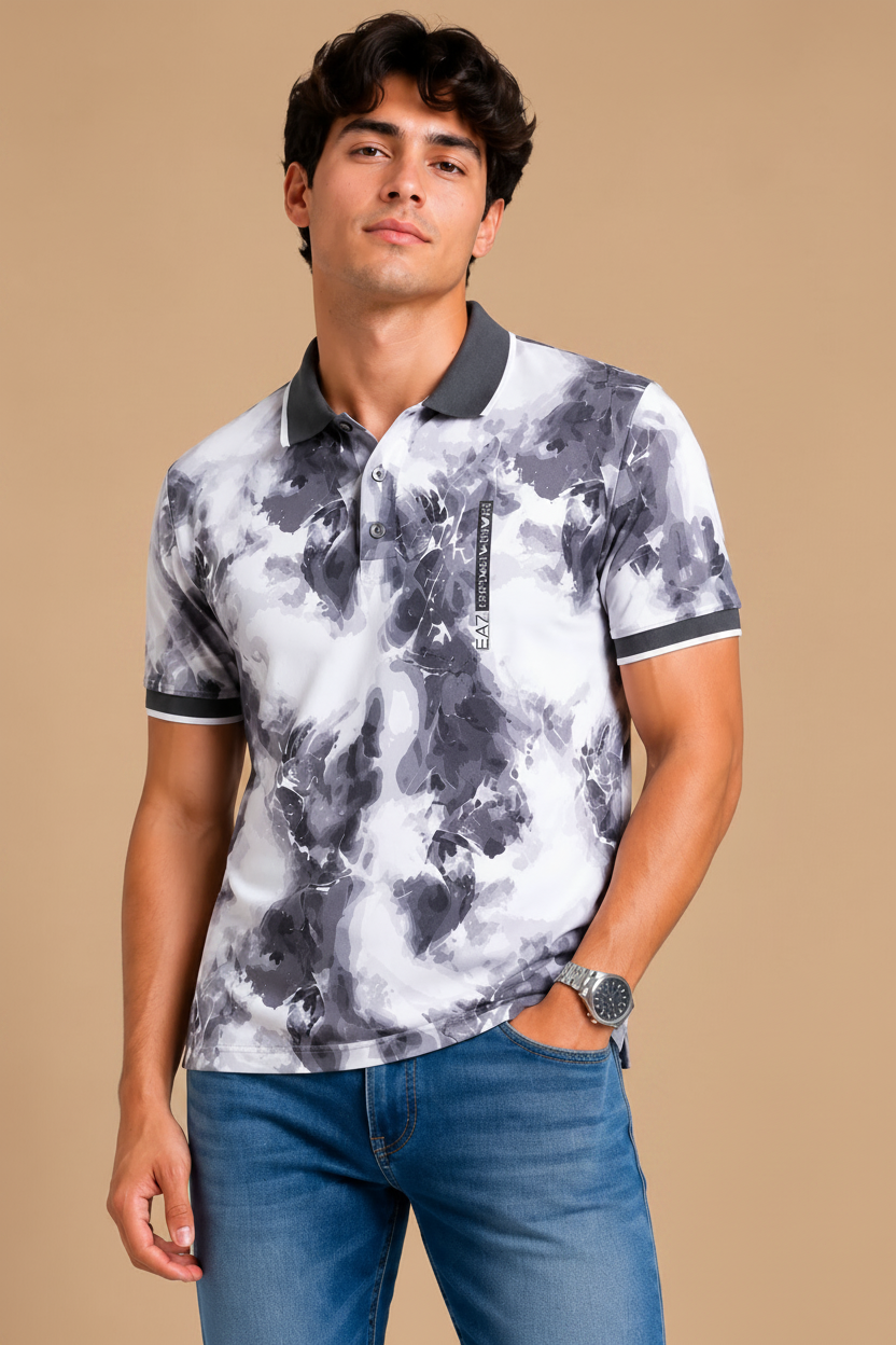 Men's Grey Abstract Print Polo T-Shirt